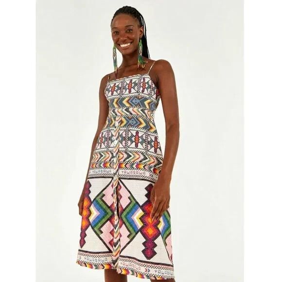 NWT. FARM RIO Amulet Multicolored Textured Linen Midi Dress Size M - Picture 3 of 10